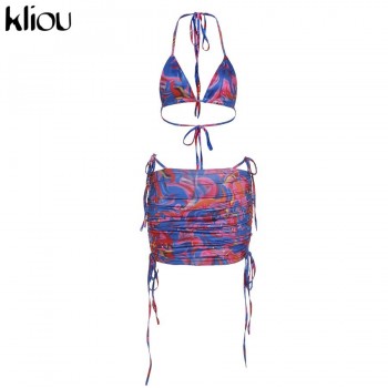 Bandage Halter Print 2021 Two Piece Sets Women Backless Sexy Hot Tops+Drawstring Stacked Skirts 